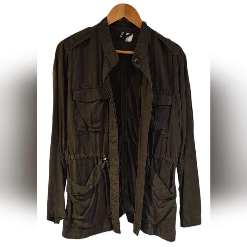 H&M Divide - Olive Green Lightweight Drawstring Button Down Utility Jacket Coat‌